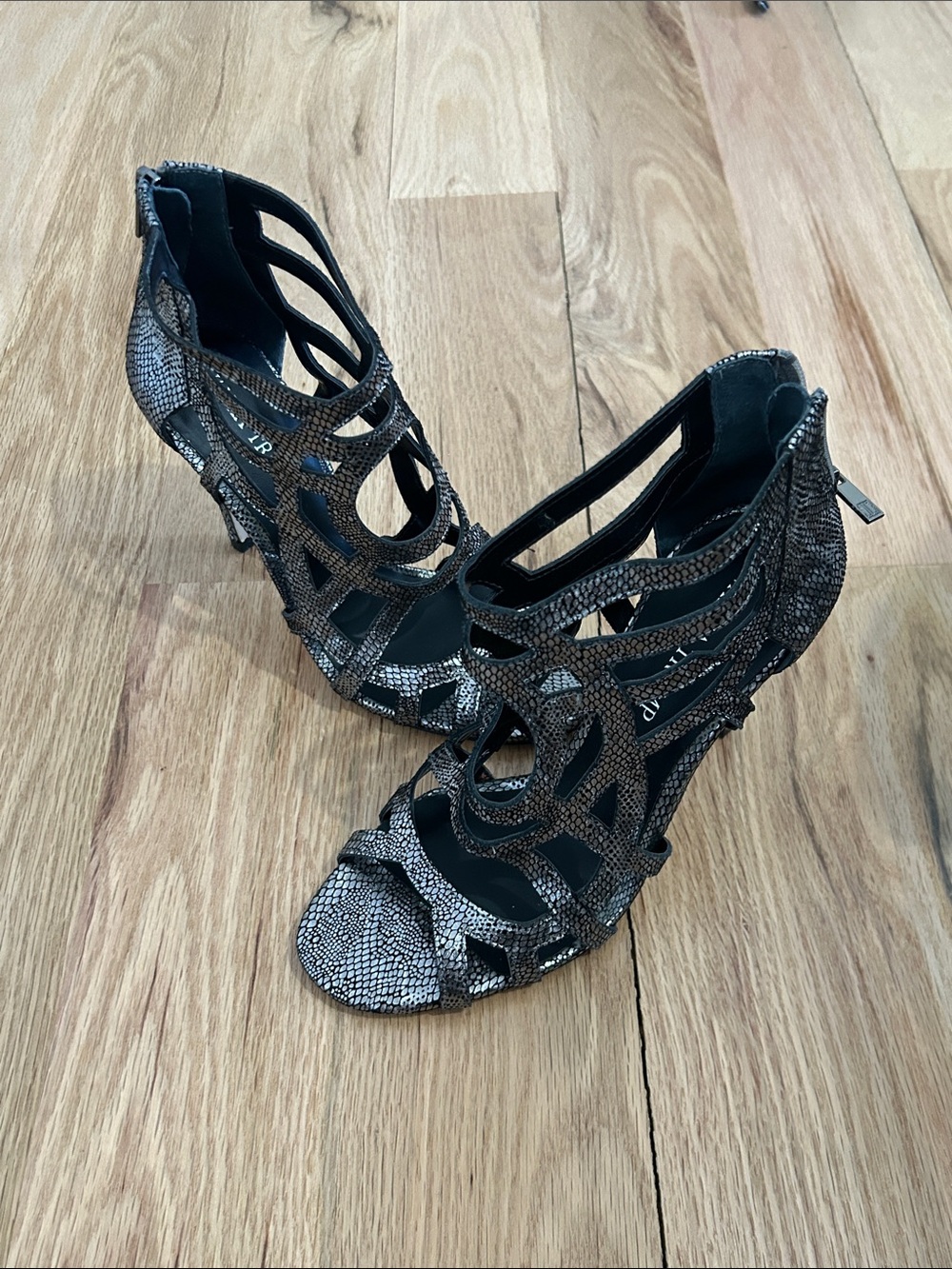 Ivanka Metallic Silver Cutout Cage Heels